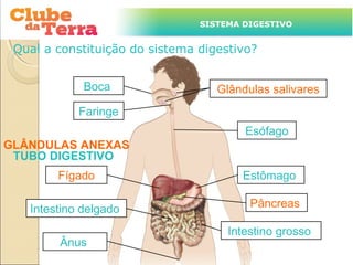 TÍTULO DO ASSUNTO A SER TRATADO
                       NESTE POWERPOINTDIGESTIVO
                                 SISTEMA QUE TEM UM TÍTULO
                       GRANDE

 Qual a constituição do sistema digestivo?


             Boca                  Glândulas salivares
            Faringe
                                        Esófago
GLÂNDULAS ANEXAS
 TUBO DIGESTIVO
        Fígado                          Estômago

   Intestino delgado                     Pâncreas

                                     Intestino grosso
        Ânus
 