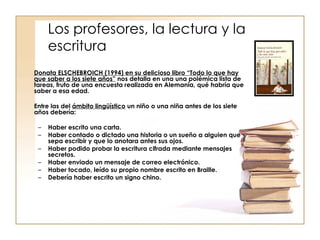 Los profesores, la lectura y la escritura Donata ELSCHEBROICH (1994) en su delicioso libro “Todo lo que hay que saber a los siete años”  nos detalla en una una polémica lista de tareas, fruto de una encuesta realizada en Alemania, qué habría que saber a esa edad. Entre las del  ámbito lingüístico  un niño o una niña antes de los siete años debería: Haber escrito una carta. Haber contado o dictado una historia o un sueño a alguien que sepa escribir y que lo anotara antes sus ojos. Haber podido probar la escritura cifrada mediante mensajes secretos. Haber enviado un mensaje de correo electrónico. Haber tocado, leído su propio nombre escrito en Braille. Debería haber escrito un signo chino. 