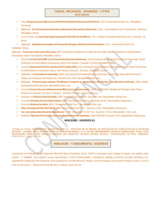 CURSOS, DIPLOMADOS, SEMINARIOS Y OTROS
REALIZADOS
 Curso Programa para Optimizar el Perfil Actitudinal del Docente(P.O.P.A.D.), 2013. Universidad Fermín Toro. /Modalidad:
Presencial
 Diplomado En ComponenteDocenteen Educación Interactivaa Distancia , 2012. Universidad Fermín Toro/Duración: 190 Horas
/Modalidad: Virtual
 Curso Practico de Coaching Organizacional en Gestión de Conflictos, 2011. Colegio de Abogados del Estado Lara / Duración: 16
Horas
 Diplomado Estudios Avanzados en Formación Integral del DocenteUniversitario, 2011. Universidad Fermín Toro .
Modalidad: Virtual
Diplomado Avances en RecursosHumanos, 2010. Asociación de las Naciones Unidas de Venezuela / World Federation of United Nations
Associations. Nueva York-Ginebra. Modalidad: Virtual
 Curso de Acción de la ONU en el área de los DerechosHumanos, 2010. Asociación de las Naciones Unidas de Venezuela / World
Federation of United Nations Associations. Nueva York-Ginebra. Duración: 10 Horas Modalidad: Virtual
 Curso de Organización Internacional del Trabajo (OIT), 2010. Asociación de las Naciones Unidas de Venezuela / World Federation
of United Nations Associations. Nueva York-Ginebra. Duración: 10 Horas. Modalidad: Virtual.
 Diplomado de Consultores Laborales, 2009. Universidad CentroccidentalLisandro Alvarado / Instituto de Desarrollo Profesional/
Colegio de Contadores delEstado Lara. Duración:224 Horas. Barquisimeto-Edo. Lara.
 Diplomado Técnicas para resolver Conflictos a través de la Negociación ,Mediación, Conciliación y Arbitraje. 2009. Colegio
de Abogados del Estado Lara. Barquisimeto-Edo. Lara.
 Curso de Formación para Defensores de Niños (as) y Adolescentes , 2009. FUNDALASO / Alcaldía del Municipio Simón Planas
Estado Lara. Duración: 60 Horas. Teóricas / 40 Horas. Practica Sarare Estado Lara.
 Seminario de PrestacionesSociales,2008. Universidad de Carabobo. Duración: 8 Hrs. Barquisimeto Estado Lara.
 Curso de Introducción a la Informática, 2006. Universidad Fermín Toro. Duración:30 Hrs. Barquisimeto-Estado Lara
 Curso de Oratoria Jurídica,2002. Universidad Fermín Toro . Barquisimeto-Edo. Lara.
 2das Jornadas de Derecho Penal, 2000. Universidad Fermín Toro. Duración: 8 Hrs. Barquisimeto Estado Lara.
 1er.Jornadas sobre Derecho Inquilinario, 1.999. Universidad Fermín Toro. Duración: 12 Hrs. Barquisimeto – Edo. Lara.
 Seminario Nacional Prevención contra la Legitimación de Capitales. 1998. PROJUMI. Duración: 8 Hrs. Barquisimeto Estado Lara.
-Trabajo de Grado: LINEAMIENTOS JURIDICOS PARA LA CREACION DE UN MANUAL DE RESOLUCION DE CONFLICTOS EN LA RELACION
DOCENTE - ALUMNO DE LA TERCERA ETAPA DE EDUCACION BASICA, A LA LUZ DEL ORDENAMIENTO JURIDICO VENEZOLANO. CASO: LICEO
BOLIVARIANO PEDRO JOSÉ CARRILLO MARQUEZ DEL MUNICIPIO TRUJILLO ESTADO TRUJILLO. CALIFICACION: 20 PTOS –MENCION:
HONORIFICA Y PUBLICACION
- DIPLOMADO DE CONSULTORES LABORALES. MENCION HONORIFICA ALTO RENDIMIENTO ACADEMICO
HABILIDADES Y CONOCIMIENTOS ADQUIRIDOS
Experiencia en el Manejo de los Programas Microsoft Word, PowerPoint, Excel, SAINT / Capacidad para Trabajar en equipo, con público y bajo
presión / Habilidad para adquirir nuevos aprendizajes y retos / Responsables , trabajadora, dinámica, proactiva, puntual, dedicada y con
capacidad de adaptación a las exigencias de la organización y al clima laboral / Manejo de las estrategias y pensamientos lógicos jurídicos, para la
toma de decisiones / Dispuesta a Domiciliarme en cualquier parte del país.
 