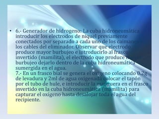 • 6.- Generador de hidrogeno: La cuba hidroneumática
introducir los electrodos de niquel previamente
conectados por separado a cada uno de los caimanes y
los cables del eliminador. Observar que electrodo
produce mayor burbujeo e introducirlo al frasco
invertido (mamilita), el electrodo que produce menos
burbujeo dejarlo dentro de la cuba hidroneumática
sumergida en el agua.
7.- En un frasco bial se genera el oxigeno colocando 0.2g
de levadura y 2ml de agua oxigenada colocar el tapón
por el tubo de hule, e introducir la manguera en el frasco
invertido en la cuba hidroneumática (mamilita) para
capturar el oxigeno hasta desalojar toda el agua del
recipiente.

 