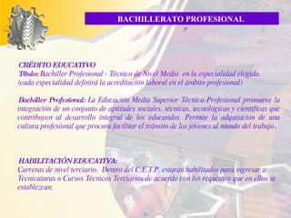 BACHILLERATO PROFESIONAL  3º CRÉDITO EDUCATIVO Título:  Bachiller Profesional - Técnico de Nivel Medio  en la especialidad elegida. (cada especialidad definirá la acreditación laboral en el ámbito profesional)  Bachiller Profesional:  La Educación Media Superior Técnica-Profesional promueve la integración de un conjunto de aptitudes sociales, técnicas, tecnológicas y científicas que contribuyen al desarrollo integral de los educandos. Permite la adquisición de una cultura profesional que procura facilitar el tránsito de los jóvenes al mundo del trabajo .   HABILITACIÓN EDUCATIVA:   Carreras de nivel terciario.  Dentro del C.E.T.P. estarán habilitados para ingresar a Tecnicaturas o Cursos Técnicos Terciarios de acuerdo con los requisitos que en ellos se establezcan.  