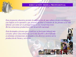 EDUCACIÓN MEDIA PROFESIONAL (1º 2º) Está destinada a jóvenes que visualizan su horizonte laboral más cercano, ofrece una estructura curricular flexible y diversificada en distintas orientaciones destinadas a los diversos sectores de la producción de bienes y servicios. Esta propuesta educativa permite la adquisición de una cultura técnico-tecnológica, con énfasis en lo operativo, que procura facilitar el tránsito de los jóvenes a la vida laboral, así como ser co-protagonistas en las transformaciones De las estructuras productivas y del desarrollo nacional. 