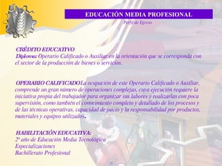 CRÉDITO EDUCATIVO Diploma:  Operario Calificado o Auxiliar en la orientación que se corresponda con el sector de la producción de bienes o servicios. OPERARIO CALIFICADO   L a ocupación de este Operario Calificado o Auxiliar, comprende un gran número de operaciones complejas, cuya ejecución requiere la iniciativa propia del trabajador para organizar sus labores y realizarlas con poca supervisión, como también el conocimiento completo y detallado de los procesos y de las técnicas operativas, capacidad de juicio y la responsabilidad por productos, materiales y equipos utilizados . HABILITACIÓN EDUCATIVA: 2º año de Educación Media Tecnológica Especializaciones Bachillerato Profesional EDUCACIÓN MEDIA PROFESIONAL Perfil de Egreso 