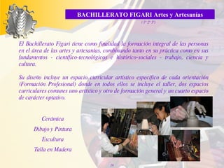 BACHILLERATO FIGARI Artes y Artesanías ( 1º 2º 3º) El Bachillerato Figari tiene como finalidad la formación integral de las personas en el área de las artes y artesanías, combinando tanto en su práctica como en sus fundamentos - científico-tecnológicos e histórico-sociales - trabajo, ciencia y cultura.   Su diseño incluye un espacio curricular artístico específico de cada orientación (Formación Profesional) donde en todos ellos se incluye el taller, dos espacios curriculares comunes uno artístico y otro de formación general y un cuarto espacio de carácter optativo.   Cerámica Dibujo y Pintura Escultura Talla en Madera 