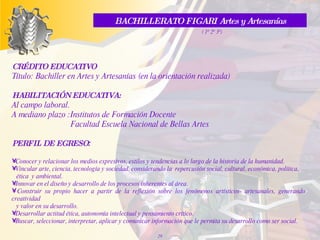 BACHILLERATO FIGARI Artes y Artesanías ( 1º 2º 3º) CRÉDITO EDUCATIVO Título: Bachiller en Artes y Artesanías (en la orientación realizada) HABILITACIÓN EDUCATIVA: Al campo laboral. A mediano plazo :Institutos de Formación Docente                             Facultad Escuela Nacional de Bellas Artes   PERFIL DE EGRESO : Conocer y relacionar los medios expresivos, estilos y tendencias a lo largo de la historia de la humanidad. Vincular arte, ciencia, tecnología y sociedad, considerando la  repercusión social, cultural, económica, política,  ética  y ambiental. Innovar en el diseño y desarrollo de los procesos inherentes al área. Construir su propio hacer a partir de la reflexión sobre los fenómenos artísticos- artesanales, generando creatividad  y valor en su desarrollo. Desarrollar actitud ética, autonomía intelectual y pensamiento crítico. Buscar, seleccionar, interpretar, aplicar y comunicar información que le permita su desarrollo como ser social.  