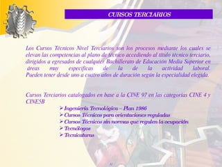 CURSOS TERCIARIOS Los Cursos Técnicos Nivel Terciarios son los procesos mediante los cuales se elevan las competencias al plano de técnico accediendo al título técnico terciario, dirigidos a egresados de cualquier Bachillerato de Educación Media Superior en  áreas muy especificas de la de la actividad laboral. Pueden tener desde uno a cuatro años de duración según la especialidad elegida.  Cursos Terciarios catalogados en base a la CINE 97 en las categorías CINE 4 y CINE5B Ingeniería Tecnológica – Plan 1986 Cursos Técnicos para orientaciones reguladas Cursos Técnicos sin normas que regulen la ocupación Tecnólogos Tecnicaturas 