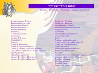 Acondicionamiento Térmico Administración de personal Administración Hotelera Administración Pública Analista en Marketing Autotrónica Comunicación Social Construcción Corredor de Seguros Diseño Gráfico Enología Gestión de Alojamiento Gestión de Empresas Turísticas Gestión de Procesos Productivos Mecánicos Guía y Técnico en Diseño de Circuitos Turísticos Industrias Lácteas Infografía de Arquitectura Ingeniero Tecnológico Electrotecnia Ingeniero Tecnológico Electrónica Instalaciones Eléctricas Instalaciones Sanitarias Instrumentación y Control Mantenimiento Mecánico Industrial Maquinista Naval Mecatrónica Motores de Combustión Interna Operador Inmobiliario Óptico Pequeña y Mediana Empresa Prevencionista en Seguridad Industrial Producción Agrícola Ganadera Producción Lechera Producciones Vegetales Intensivas Redes y telecomunicaciones Rematador Sistemas Eléctricos, Comunicación, Imagen y Sonido Sistemas productivos Arroz - Pasturas Tecnólogo Informático Tecnólogo Mecánico Tecnólogo Químico Tiempo Libre, Animación y Recreación CURSOS TERCIARIOS Técnicos – Tecnicaturas – Tecnólogos – Ingeniería tecnológica 