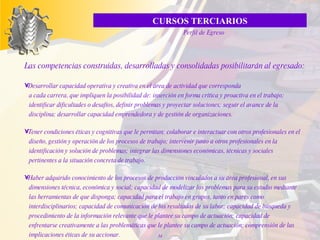 Las competencias construidas, desarrolladas y consolidadas posibilitarán al egresado: Desarrollar capacidad operativa y creativa en el área de actividad que corresponda  a cada carrera, que impliquen la posibilidad de: inserción en forma crítica y proactiva en el trabajo;  identificar dificultades o desafíos, definir problemas y proyectar soluciones; seguir el avance de la  disciplina; desarrollar capacidad emprendedora y de gestión de organizaciones. Tener condiciones éticas y cognitivas que le permitan: colaborar e interactuar con otros profesionales en el  diseño, gestión y operación de los procesos de trabajo; intervenir junto a otros profesionales en la  identificación y solución de problemas; integrar las dimensiones económicas, técnicas y sociales  pertinentes a la situación concreta de trabajo. Haber adquirido conocimiento de los procesos de producción vinculados a su área profesional, en sus  dimensiones técnica, económica y social; capacidad de modelizar los problemas para su estudio mediante  las herramientas de que disponga; capacidad para el trabajo en grupos, tanto en pares como  interdisciplinarios; capacidad de comunicación de los resultados de su labor; capacidad de búsqueda y  procedimiento de la información relevante que le plantee su campo de actuación; capacidad de  enfrentarse creativamente a las problemáticas que le plantee su campo de actuación; comprensión de las  implicaciones éticas de su accionar. CURSOS TERCIARIOS Perfil de Egreso 
