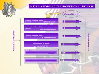 Formación Profesional  Básica Plan 2007  2, 3 años de duración EDUCACIÓN PRIMARIA CAMPO LABORAL Cursos Nivel II Capacitación Profesional  Básica Plan 2007    hasta  360 horas de duración Formación Profesional  Básica Especializaciones   , 2 o 3 años de duración Reconocimiento  de Saberes  por Experiencia de vida Formación Profesional Básica   1, 2, 3 años de duración Curso  Básico Especializaciones    Modulares  Capacitación   a 360 horas  SISTEMA FORMACIÓN PROFESIONAL DE BASE 