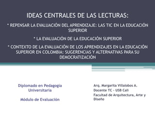 IDEAS CENTRALES DE LAS LECTURAS:
* REPENSAR LA EVALUACIÓN DEL APRENDIZAJE: LAS TIC EN LA EDUCACIÓN
                            SUPERIOR
            * LA EVALUACIÓN DE LA EDUCACIÓN SUPERIOR
* CONTEXTO DE LA EVALUACIÓN DE LOS APRENDIZAJES EN LA EDUCACIÓN
    SUPERIOR EN COLOMBIA: SUGERENCIAS Y ALTERNATIVAS PARA SU
                       DEMOCRATIZACIÓN




     Diplomado en Pedagogía            Arq. Margarita Villalobos A.
          Universitaria                Docente TC – USB Cali
                                       Facultad de Arquitectura, Arte y
      Módulo de Evaluación             Diseño
 