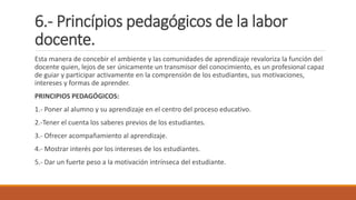 6.- Princípios pedagógicos de la labor
docente.
Esta manera de concebir el ambiente y las comunidades de aprendizaje revaloriza la función del
docente quien, lejos de ser únicamente un transmisor del conocimiento, es un profesional capaz
de guiar y participar activamente en la comprensión de los estudiantes, sus motivaciones,
intereses y formas de aprender.
PRINCIPIOS PEDAGÓGICOS:
1.- Poner al alumno y su aprendizaje en el centro del proceso educativo.
2.-Tener el cuenta los saberes previos de los estudiantes.
3.- Ofrecer acompañamiento al aprendizaje.
4.- Mostrar interés por los intereses de los estudiantes.
5.- Dar un fuerte peso a la motivación intrínseca del estudiante.
 