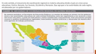 En este sentido, el mecanismo de coordinación regional en materia educativa divide al país en cinco zonas
educativas: Centro, Noreste, Sur-Sureste, Occidente y Noroeste. Que agrupan a las autoridades de cada región,
encabezadas por sus gobernadores.
 