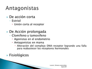  De acción corta
◦ Estriol
 Unión corta al receptor
 De Acción prolongada
◦ Clomifeno y tamoxifeno
 Agonistas en el endometrio
 Antagonistas en mama
 Alteración del complejo DNA-receptor logrando una falla
para reabastecer los receptores hormonales
 Fisiológicos
Lucero. Síntesis esteroidea.
Speeroff.
 