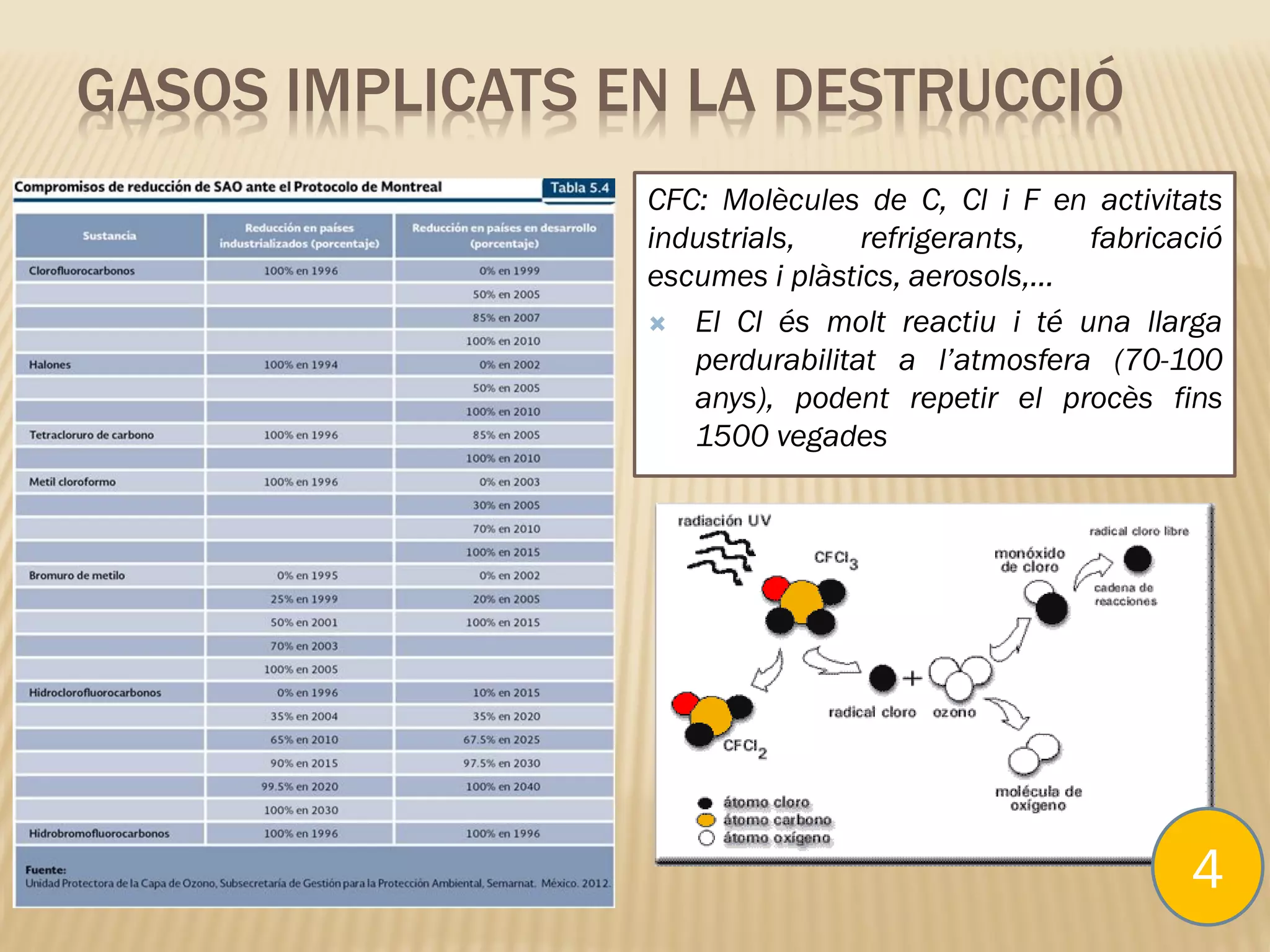 GASOS IMPLICATS EN LA DESTRUCCIÓ
CFC: Molècules de C, Cl i F en activitats
industrials, refrigerants, fabricació
escumes i plàstics, aerosols,…
 El Cl és molt reactiu i té una llarga
perdurabilitat a l’atmosfera (70-100
anys), podent repetir el procès fins
1500 vegades
4
 
