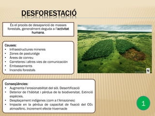 DESFORESTACIÓ
És el procès de desaparició de masses
forestals, generalment deguda a l’activitat
humana.
1
Causes:
• Infraestructures mineres
• Zones de pasturatge
• Àrees de conreu
• Carreteres i altres vies de comunicación
• Embassaments
• Incendis forestals
Conseqüències:
• Augmenta l’erosionabilitat del sòl. Desertificació
• Deterior de l’hàbitat i pèrdua de la biodiversitat. Extinció
espècies.
• Desplaçament indígenes (com a l’Amazones)
• Impacte en la pèrdua de capacitat de fixació del CO2
atmosfèric. Increment efecte hivernacle
 