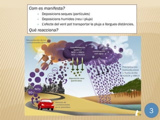 Com es manifesta?
 Deposicions seques (partícules)
 Deposicions humides (neu i pluja)
 L’efecte del vent pot transportar la pluja a llargues distàncies.
Què reacciona?
3
 