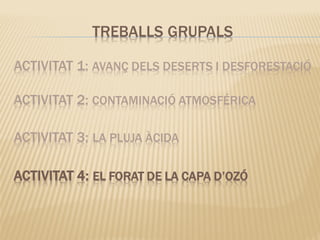 ACTIVITAT 1: AVANÇ DELS DESERTS I DESFORESTACIÓ
ACTIVITAT 2: CONTAMINACIÓ ATMOSFÉRICA
ACTIVITAT 3: LA PLUJA ÀCIDA
ACTIVITAT 4: EL FORAT DE LA CAPA D’OZÓ
TREBALLS GRUPALS
 