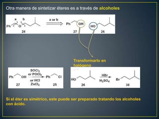 Otra manera de sintetizar éteres es a través de alcoholes




                                    Transformarlo en
                                    halógeno




Si el éter es simétrico, este puede ser preparado tratando los alcoholes
con ácido.
 