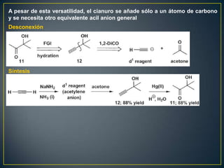 A pesar de esta versatilidad, el cianuro se añade sólo a un átomo de carbono
y se necesita otro equivalente acil anion general
Desconexión




Síntesis
 