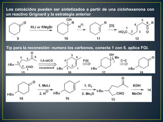 Los cetoácidos pueden ser sintetizados a partir de una ciclohexanona con
un reactivo Grignard y la estrategia anterior




Tip para la reconexión: numera los carbonos, conecta 1 con 6, aplica FGI.
 