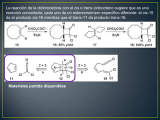 La reacción de la diclorocetona con el cis o trans cicloocteno sugiere que es una
reacción concertada; cada uno da un estereoisómero específico diferente: el cis-15
da el producto cis-16 mientras que el trans-17 da producto trans-18.




 Materiales partida disponibles
 