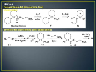 Ejemplo
Retrosíntesis del dicyclomina (anti
espasódico)




Síntesis del dicyclomina (anti espasódico)
 