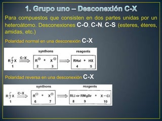 Para compuestos que consisten en dos partes unidas por un
heteroátomo. Desconexiones C-O, C-N, C-S (esteres, éteres,
amidas, etc.)
Polaridad normal en una desconexión C-X




Polaridad reversa en una desconexión C-X
 
