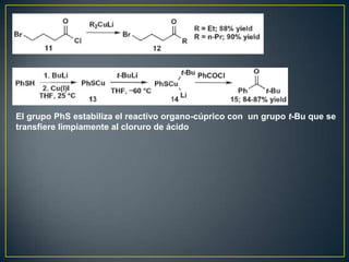 El grupo PhS estabiliza el reactivo organo-cúprico con un grupo t-Bu que se
transfiere limpiamente al cloruro de ácido
 