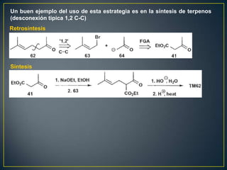 Un buen ejemplo del uso de esta estrategia es en la síntesis de terpenos
(desconexión tipica 1,2 C-C)
Retrosíntesis




Síntesis
 