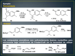 Ejemplo:
Retrosíntesis




Síntesis




Los compuestos aromáticos son suficientemente buenos nucleófilos para
adicionarse bajo condiciones de Friedel-Craft sin la necesidad de utilizar
reactivos organometálicos.
 