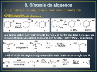Por deshidratación de alcoholes




Los ácidos deben ser relativamente fuertes y el contra ion debe tiene que ser
no nucleofílicos. Los ácidos populares son KHSO4, TsOH y POCl3 en piridina.




La eliminación de hógenos sigue esencialmente la misma estrategia que la
deshidratación
 