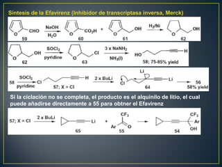 Síntesis de la Efavirenz (Inhibidor de transcriptasa inversa, Merck)




Si la ciclación no se completa, el producto es el alquinilo de litio, el cual
puede añadirse directamente a 55 para obtner el Efavirenz
 