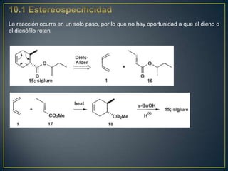 La reacción ocurre en un solo paso, por lo que no hay oportunidad a que el dieno o
el dienófilo roten.
 
