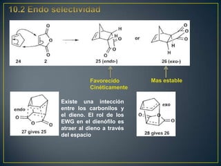 Favorecido      Mas estable
           Cinéticamente

Existe una intección
entre los carbonilos y
el dieno. El rol de los
EWG en el dienófilo es
atraer al dieno a través
del espacio
 