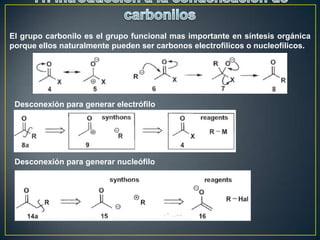 El grupo carbonilo es el grupo funcional mas importante en síntesis orgánica
porque ellos naturalmente pueden ser carbonos electrofílicos o nucleofílicos.




 Desconexión para generar electrófilo




 Desconexión para generar nucleófilo
 