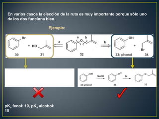 En varios casos la elección de la ruta es muy importante porque sólo uno
 de los dos funciona bien.

                       Ejemplo:




pKa fenol: 10, pKa alcohol:
15
 