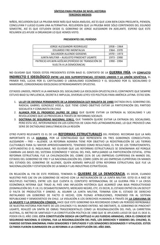 SÍNTESIS PARA PRUEBA DE NIVEL HISTORIA
TERCEROS MEDIOS
NIÑOS, RECUERDEN QUE LA PRUEBA MIDE MÁS QUE NADA ANÁLISIS, ASÍ ES QUE LEAN BIEN CADA PREGUNTA, PIENSEN,
CONCLUYAN Y LUEGO ELIJAN UNA ALTERNATIVA. RECUERDEN QUE LA PRUEBA MIDE SÓLO CONTENIDOS DEL EGUNDO
SEMESTRE, ASÍ ES QUE ESTUDIEN DESDE EL GOBIERNO DE JORGE ALESSANDRI EN ADELANTE. ESPERO QUE ESTE
RESUMEN LES AYUDE A ORGANIZAR LO QUE HEMOS VISTO.
PRESIDENTES DEL PERÍODO
JORGE ALESSANDRI RODRIGUEZ
EDUARDO FREI MONTALVA
SALVADOR ALLENDE GOSSENS
JUNTA MILITAR – AUGUSTO PINOCHET UGARTE
PATRICIO AYLWIN AZÓCAR (PERÍODO DE TRANSICIÓN DE
VUELTA A LA DEMOCRACIA)
NO OLVIDAR QUE TODOS ESTOS PRESIDENTES ESTÁN BAJO EL CONTEXTO DE LA

1958 – 1964
1964 - 1970
1970 – 1973
1973 - 1990
1990 - 1994

GUERRA FRÍA,

UN CONFLICTO

INDIRECTO E IDEOLÓGICO ENTRE LAS DOS SUPERPOTENCIAS: ESTADOS UNIDOS Y LA

UNIÓN SOVIÉTICA. EL
PRIMER PAÍS, LUCHA POR EL CAPITALISMO O LIBERALISMO ECONÓMICO Y EL SEGUNDO POR EL SOCIALISMO O
MARXISMO, CONSIDERADAS IDEOLOGÍAS EXTREMADAMENTE OPUESTAS.
ESTADOS UNIDOS, FRENTE A LA AMENAZA DEL SOCIALISMO (LA IDEOLOGÍA OPUESTA) EN EL CONTINENTE QUE SIEMPRE
ESTUVO BAJO SU INFLUENCIA, DECRETA E IMPULSA, DIVERSAS LEYES Y/O POLÍTICAS PARA AMÉRICA LATINA. ESTAS SON:
1. LA LEY DE DEFENSA PERMANENTE DE LA DEMOCRACIA (LEY MALDITA DE 1948) DICTADA EN EL GOBIERNO DEL
RADICAL GABRIEL GONZÁLEZ VIDELA, QUE TIENE COMO OBJETIVO EVITAR LA PARTICIPACIÓN DEL PARTIDO
SOCIALISTA Y COMUNISTA EN CHILE
2. ALIANZA POR EL PROGRESO (ALPRO DE 1961) QUE QUIERE EVITAR LA ENTRADA AL SOCIALISMO Y LAS
REVOLUCIONES QUE LO PROVOCAN A TRAVÉS DE REFORMAS SOCIALES
3. DOCTRINA DE SEGURIDAD NACIONAL (1961), QUE TAMBIÉN QUIERE EVITAR LA ENTRADA DEL SOCIALISMO,
PERO ESTA VEZ, INTERVINIENDO EN LOS EJÉRCITOS DE CADA PAÍS LATINOAMERICANO, LO QUE PROVOCÓ UNA
SERIE DE DICTADURAS SIMULTÁNEAS EN LA REGIÓN
OTRO PUNTO RELEVANTE ES EL DE LAS REFORMAS ESTRUCTURALES DEL PERÍODO. RECORDAR QUE LA MÁS
IMPORTANTE ES LA AGRARIA, POR LA CONTINUIDAD QUE REPRESENTA EN TRES GOBIERNOS CONSECUTIVOS:
ALESSANDRI – FREI – ALLENDE. LA REFORMA AGRARIA TIENE POR OBJETIVO LA REDISTRIBUCIÓN DE LAS TIERRAS
CULTIVABLES PARA SU MAYOR APROVECHAMIENTO, TENIENDO COMO RESULTADO, EL FIN DE LOS TERRATENIENTES,
LATIFUNDISTAS O EL INQUILINAJE. NO OLVIDAR QUE LAS REFORMAS ESTRUCTURALES SE DENOMINAN ASÍ PORQUE
CAMBIAN LAS BASES DEL SISTEMA ECONÓMICO Y SOCIAL DEL PAÍS, IMPULSANDO LA PARTICIPACIÓN ESTATAL. OTRA
REFORMA ESTRUCTURAL FUE LA CHILENIZACIÓN DEL COBRE (51% DE LAS EMPRESAS CUPRÍFERAS EN MANOS DEL
ESTADO) DEL GOBIERNO DE FREI Y LA NACIONALIZACIÓN DEL COBRE (100% DE LAS EMPRESAS CUPRÍFERAS EN MANOS
DEL ESTADO) DEL GOBIERNO DE ALLENDE, QUIEN ADEMÁS IMPULSÓ OTRA REFORMA ESTRUCTURAL QUE FUE LA
NACIONALIZACIÓN Y ESTATIZACIÓN DE LA BANCA Y LAS INDUSTRIAS ESTRATÉGICAS.
EN RELACIÓN AL FIN DE ESTE PERÍODO, TENEMOS EL QUIEBRE DE LA DEMOCRACIA, ES DECIR, CUANDO
NUESTRO PAÍS CAE EN UN GOBIERNO DE HECHO CON LA INSTAURACIÓN DE LA JUNTA MILITAR. ESTO ES A RAÍZ DE
MÚLTIPLES FACTORES, ENTRE LOS QUE CUENTA EL CONTEXTO INTERNACIONAL DE LA GUERRA FRÍA Y LA CRISIS
ECONÓMICA INTERNA QUE TRAJO AL PAÍS UNA INFLACIÓN HISTÓRICA QUE ACARREÓ UNA BAJA PRODUCTIVIDAD
(DISMINUCIÓN DEL P.I.B.) EL DESABASTECIMIENTO, MERCADO NEGRO, ETC. ES DECIR, EL ESTADO ENTRÓ EN UN DEFICIT
O FALTA DE PRODUCTOS Y DINERO. AL ASUMIR LA JUNTA MILITAR, TERMINA CON EL ESTADO DE DERECHO
INSTALANDO UN GOBIERNO DE FACTO O HECHO, CON PLENAS ATRIBUCIONES, PONIENDO FIN AL SISTEMA
REPUBLICANO Y DEMOCRÁTICO EN CHILE. LA VIOLACIÓN A LOS DERECHOS HUMANOS A TRAVÉS DE LA CARAVANA DE
LA MUERTE Y LA OPERACIÓN CÓNDOR, HACE QUE ESTE GOBIERNO SEA RECORDADO COMO UN PERÍODO REPROBABLE
DE NUESTRA HISTORIA POR PARTE DE LOS CHILENOS Y EL MUNDO ENTERO. NO OBSTANTE, EL GOBIERNO DE PINOCHET
UGARTE, REALIZÓ UN SINFÍN DE OBRAS TRASCENDENTALES COMO LA REGIONALIZACIÓN DEL PAÍS, LA CARRETERA
AUSTRAL, EL METRO DE SANTIAGO Y LA CONSTITUCIÓN POLÍTICA DE 1980 QUE SE APLICARÁ LUEGO DE QUE EL DEJE EL
PODER EN EL AÑO 1990. ESTA CONSTITUCIÓN DEDICA UN CAPÍTULO A LAS FUERZAS ARMADAS, CREA EL CONSEJO DE
SEGURIDAD NACIONAL O COSENA, FIJA LA REGIONALIZACIÓN DEL PAÍS, LOS DERECHOS Y DEBERES DEL CHILENO, EL
FAMOSO SISTEMA BINOMINAL PARA SENADORES Y DIPUTADOS Y LOS SENADORES DESIGNADOS Y VITALICIOS. ESTOS
ÚLTIMOS FUERON ELIMINADOS EN LA REFORMA A LA CONSTITUCIÓN DEL AÑO 2005.

 