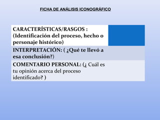FICHA DE ANÁLISIS ICONOGRÁFICO
CARACTERÍSTICAS/RASGOS :
(Identificación del proceso, hecho o
personaje histórico)
INTERPRETACIÓN: ( ¿Qué te llevó a
esa conclusión?)
COMENTARIO PERSONAL: (¿ Cuál es
tu opinión acerca del proceso
identificado? )
 