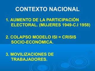 CONTEXTO NACIONAL
1. AUMENTO DE LA PARTICIPACIÓN
ELECTORAL. (MUJERES 1949-C.I 1958)
2. COLAPSO MODELO ISI = CRISIS
SOCIO-ECONÓMICA.
3. MOVILIZACIONES DE
TRABAJADORES.
 