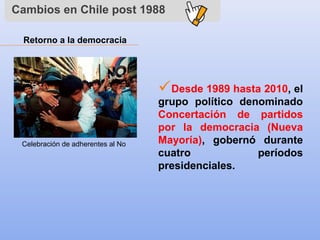 Retorno a la democracia
Desde 1989 hasta 2010, el
grupo político denominado
Concertación de partidos
por la democracia (Nueva
Mayoría), gobernó durante
cuatro períodos
presidenciales.
Cambios en Chile post 1988
Celebración de adherentes al No
 