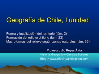 Geografía de Chile, I unidad
Forma y localización del territorio (lám. 2)
Formación del relieve chileno (lám. 23)
Macrofor...