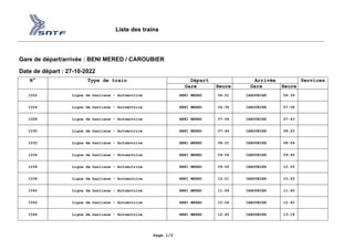 Liste des trains
Gare de départ/arrivée : BENI MERED / CAROUBIER
Date de départ : 27-10-2022
N° Type de train Départ Arriv...