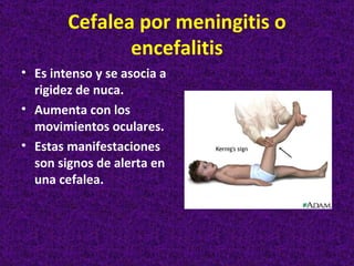 Cefalea por meningitis o
               encefalitis
• Es intenso y se asocia a
  rigidez de nuca.
• Aumenta con los
  movimientos oculares.
• Estas manifestaciones
  son signos de alerta en
  una cefalea.
 