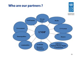 Who are our partners ?


                                           Private
                      Civil Society        sector         Media




     Government                                                   UN System

                                        UNDP
     Municipalities                                                Donors




                                      Academia             Judiciary/
           communities                               National Human Rights
                                      Research            Commissions
                                      Institutions


                                                                              15
 