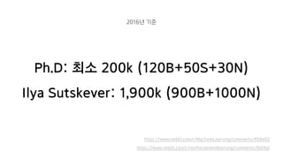Ph.D: 최소 200k (120B+50S+30N)
Ilya Sutskever: 1,900k (900B+1000N)
https://www.reddit.com/r/MachineLearning/comments/458a02
https://www.reddit.com/r/reinforcementlearning/comments/8di9yt
2016년 기준
 