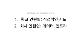 1. 학교 인턴쉽: 직접적인 지도
2. 회사 인턴쉽: 데이터, 인프라
하지만 사람, 회사, 학교에 따라 케바케
 
