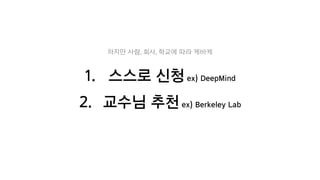 1. 스스로 신청ex) DeepMind
2. 교수님 추천ex) Berkeley Lab
하지만 사람, 회사, 학교에 따라 케바케
 