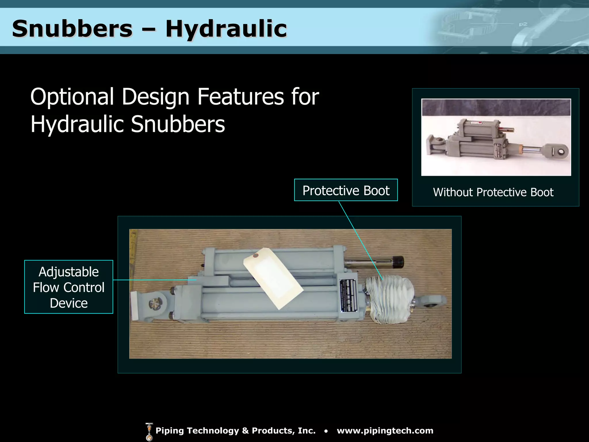 Snubbers – Hydraulic  Optional Design Features for Hydraulic Snubbers Protective Boot Adjustable Flow Control Device Without Protective Boot 