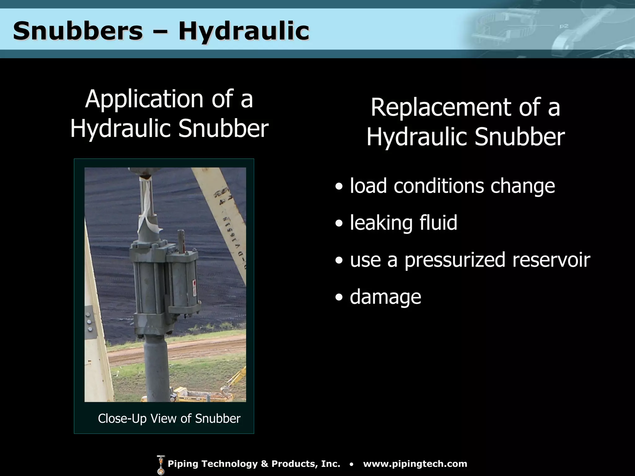Snubbers – Hydraulic  Application of a Hydraulic Snubber Close-Up View of Snubber Replacement of a Hydraulic Snubber load conditions change leaking fluid use a pressurized reservoir damage 