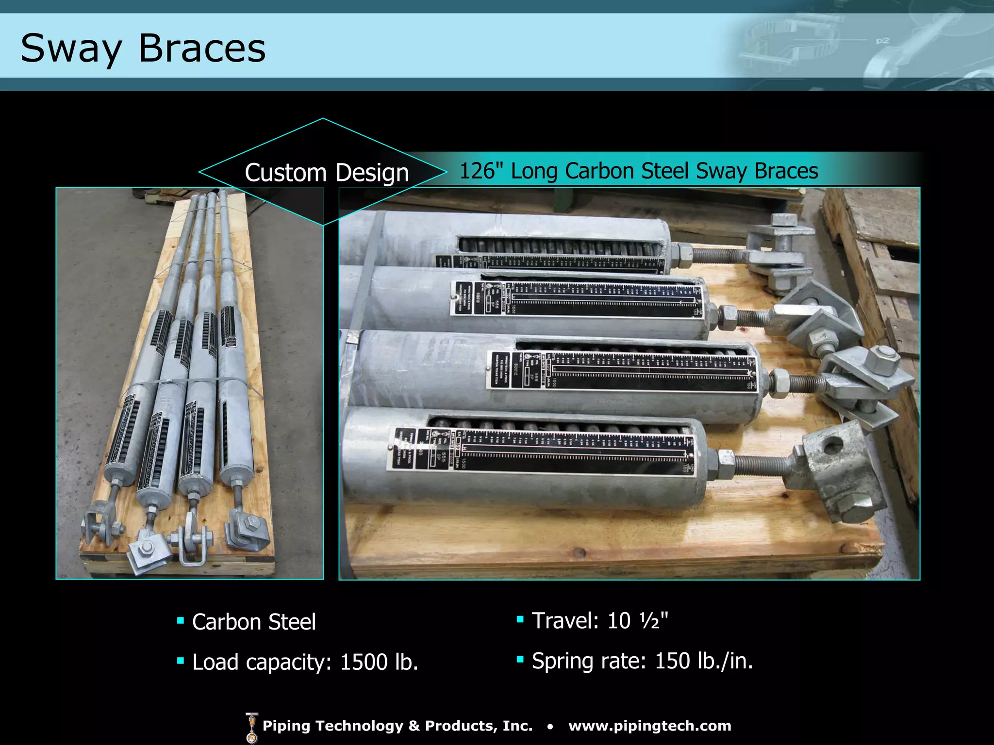 Sway Braces 126" Long Carbon Steel Sway Braces  Carbon Steel  Load capacity: 1500 lb. Travel: 10 ½"  Spring rate: 150 lb./in. Custom Design 